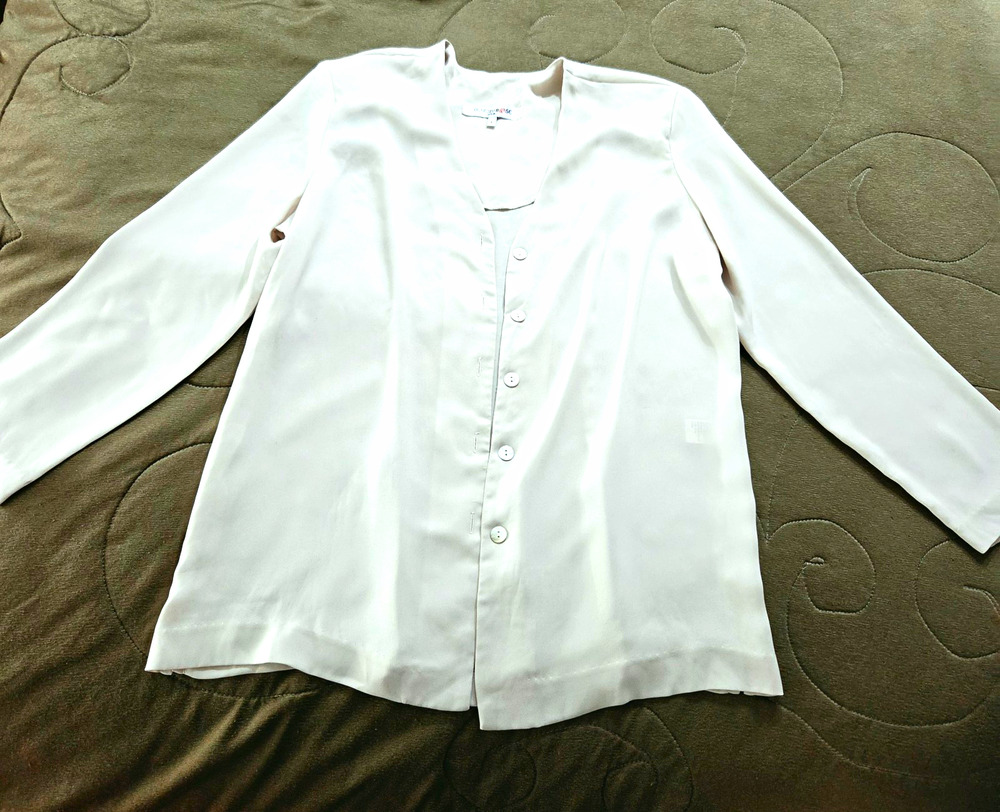 Beverly Rose Women Ivory Sholder Pad V-Neck Long Sleeve Button Front Blouse Sz L